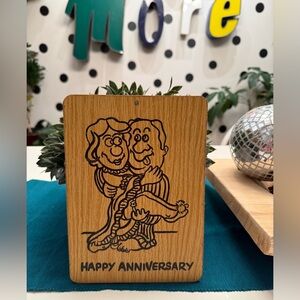Vintage 1970s Kitschy Quirky Happy Anniversary Wooden Wall Decor Plaque
